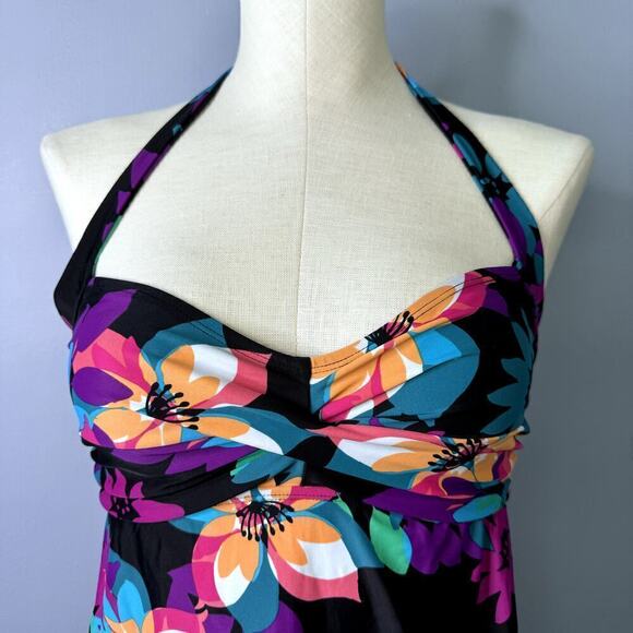 Tropical Escape Floral One Piece Halter Twist Swim Dress Black Multi Womens Sz 6 - Picture 2 of 12